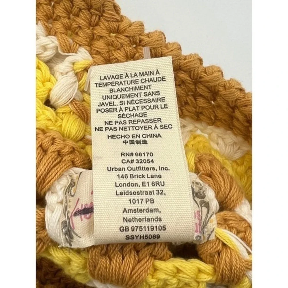 Free People Womens Crochet Beret Hat Yellow Brown Granny Square Cotton Boho 70's